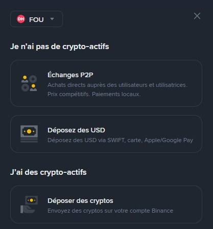 Binance sur ordinateur : menu Dépôt, option Échanges P2P